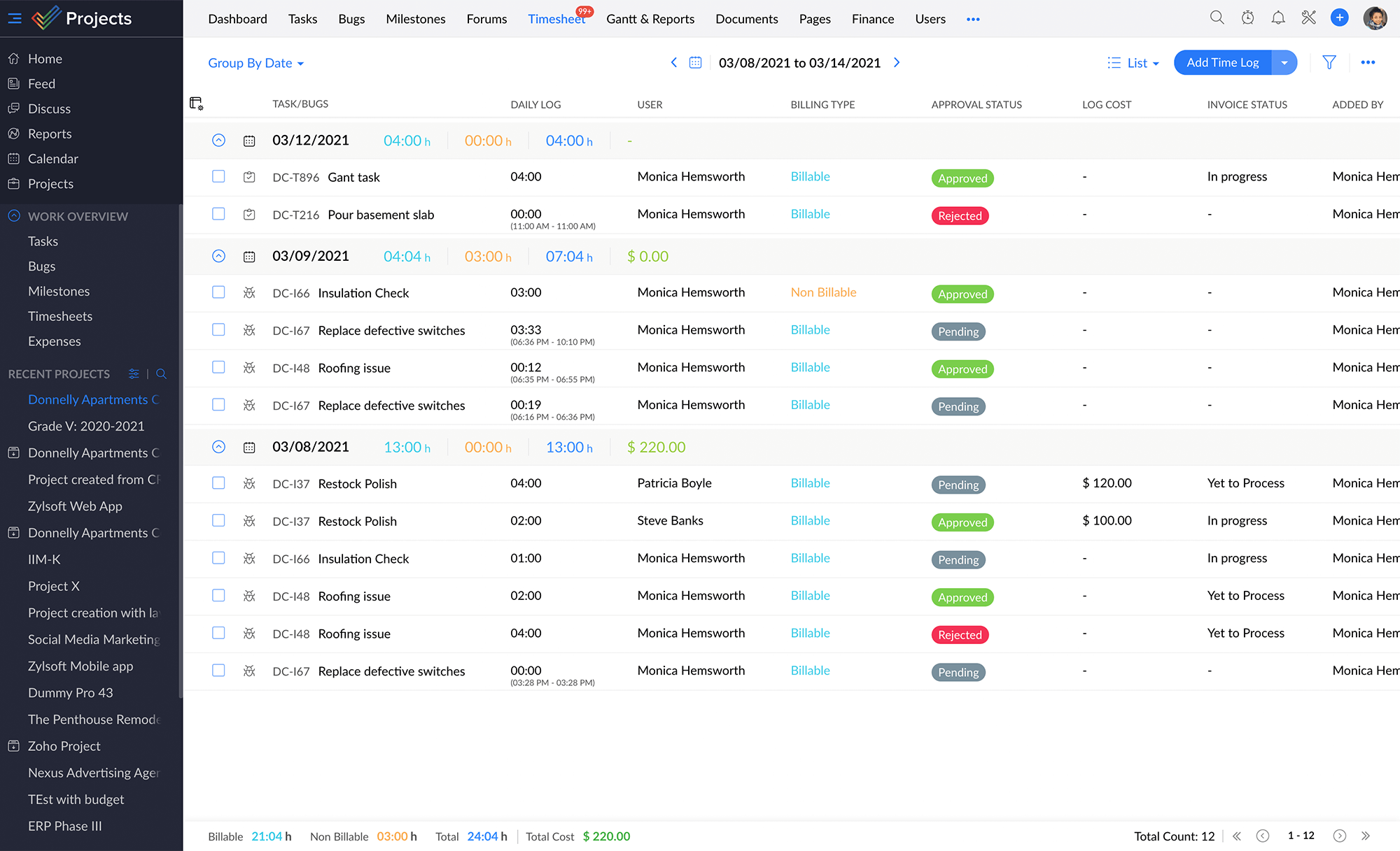 Zoho Projects Timetracking