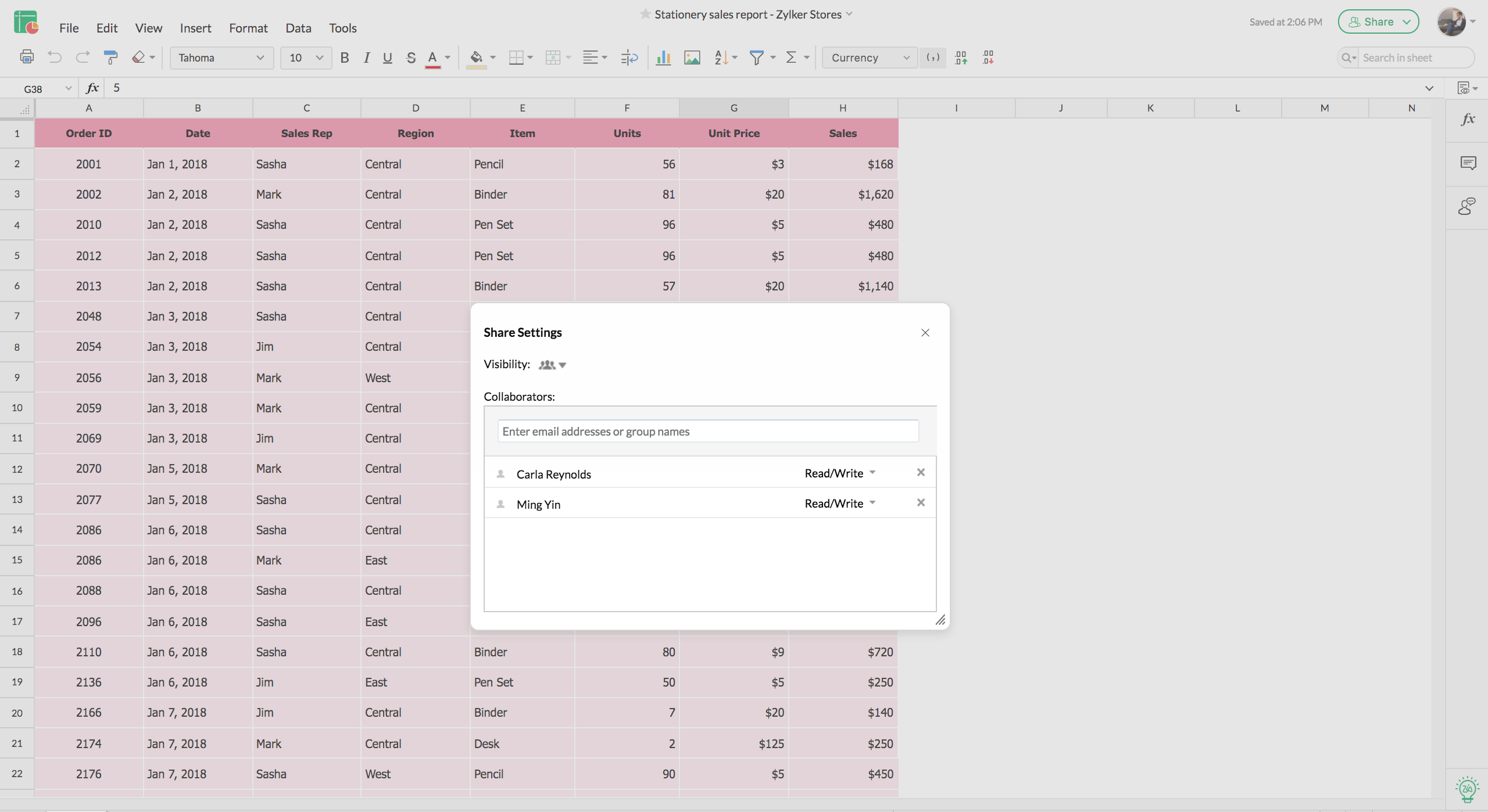 Zoho Sheet Zusammenarbeit