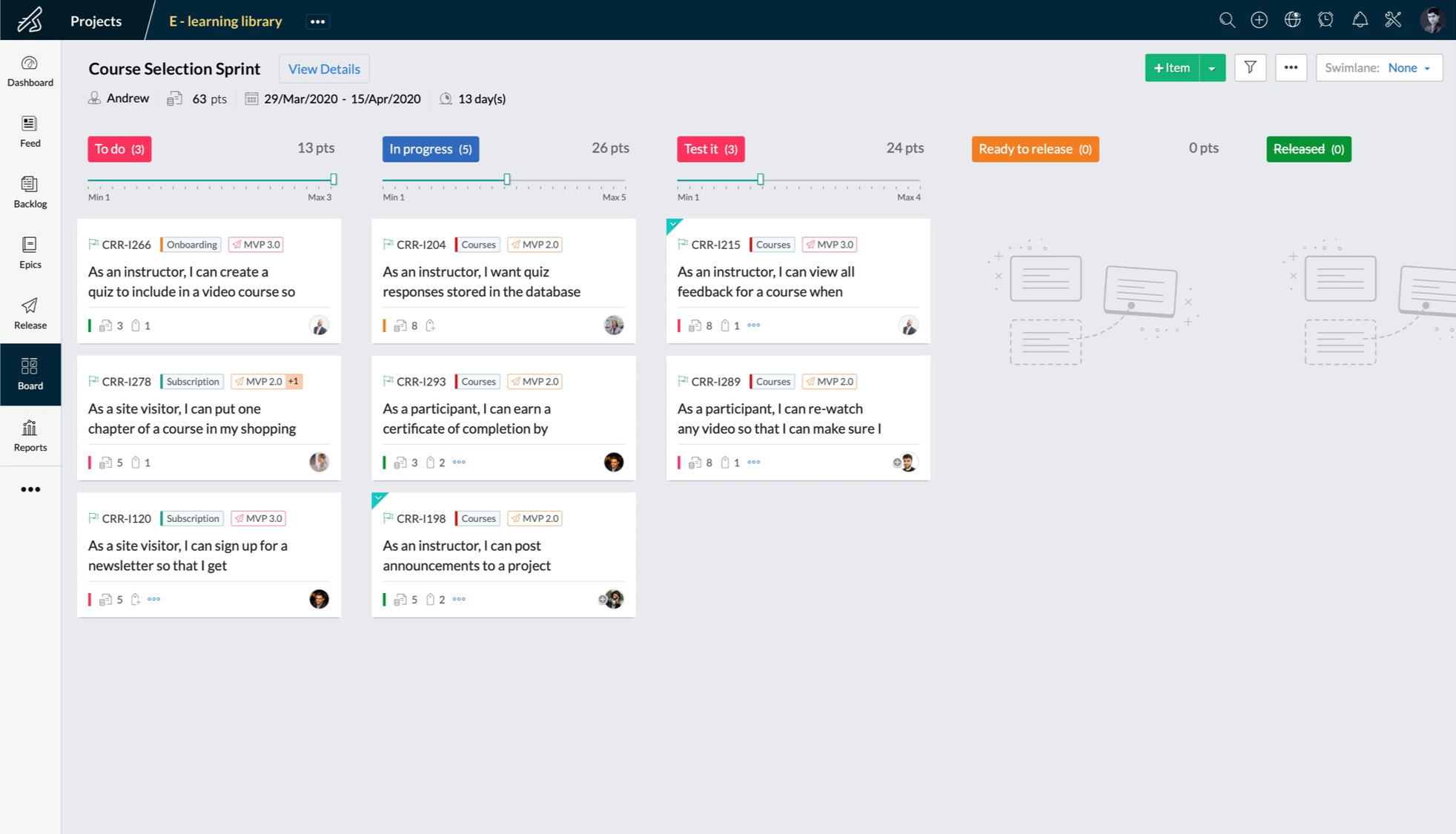 Zoho Sprints Scrum Board